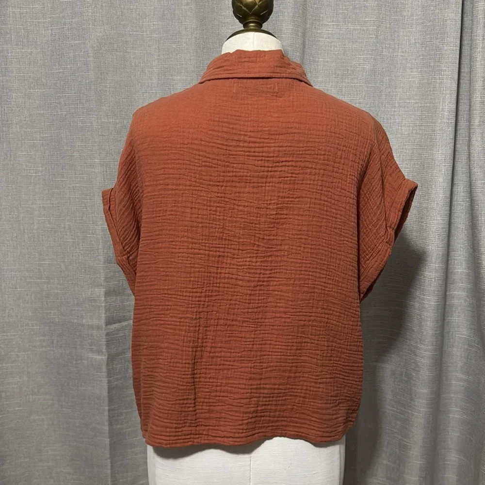 NWT SO brand Cotton Button Front Shirt-Sz M-Relaxed Boxy Fit-Rusty Orange Color - Picture 6 of 14